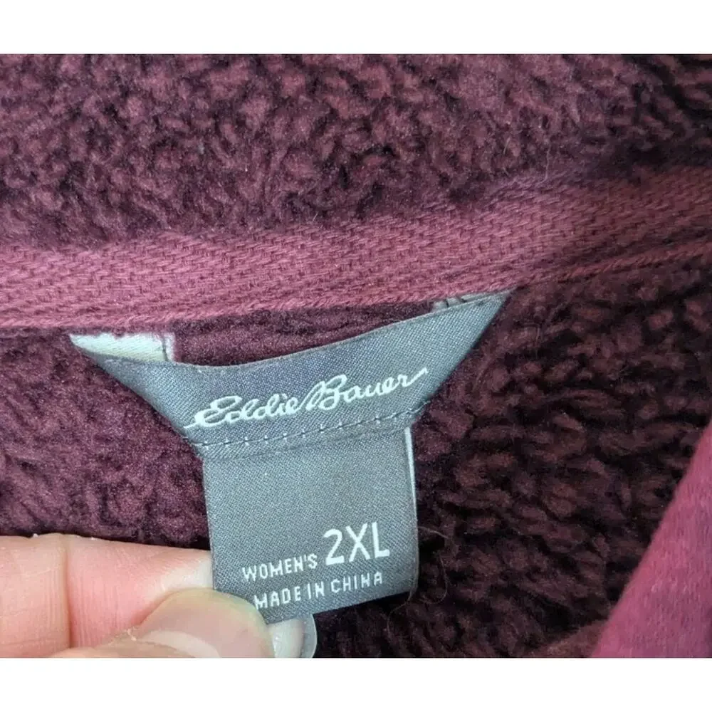 Eddie Bauer Woman’s XXL Hi Pile Fleece Sweater Purple 1/4 Snap Pullover Pockets